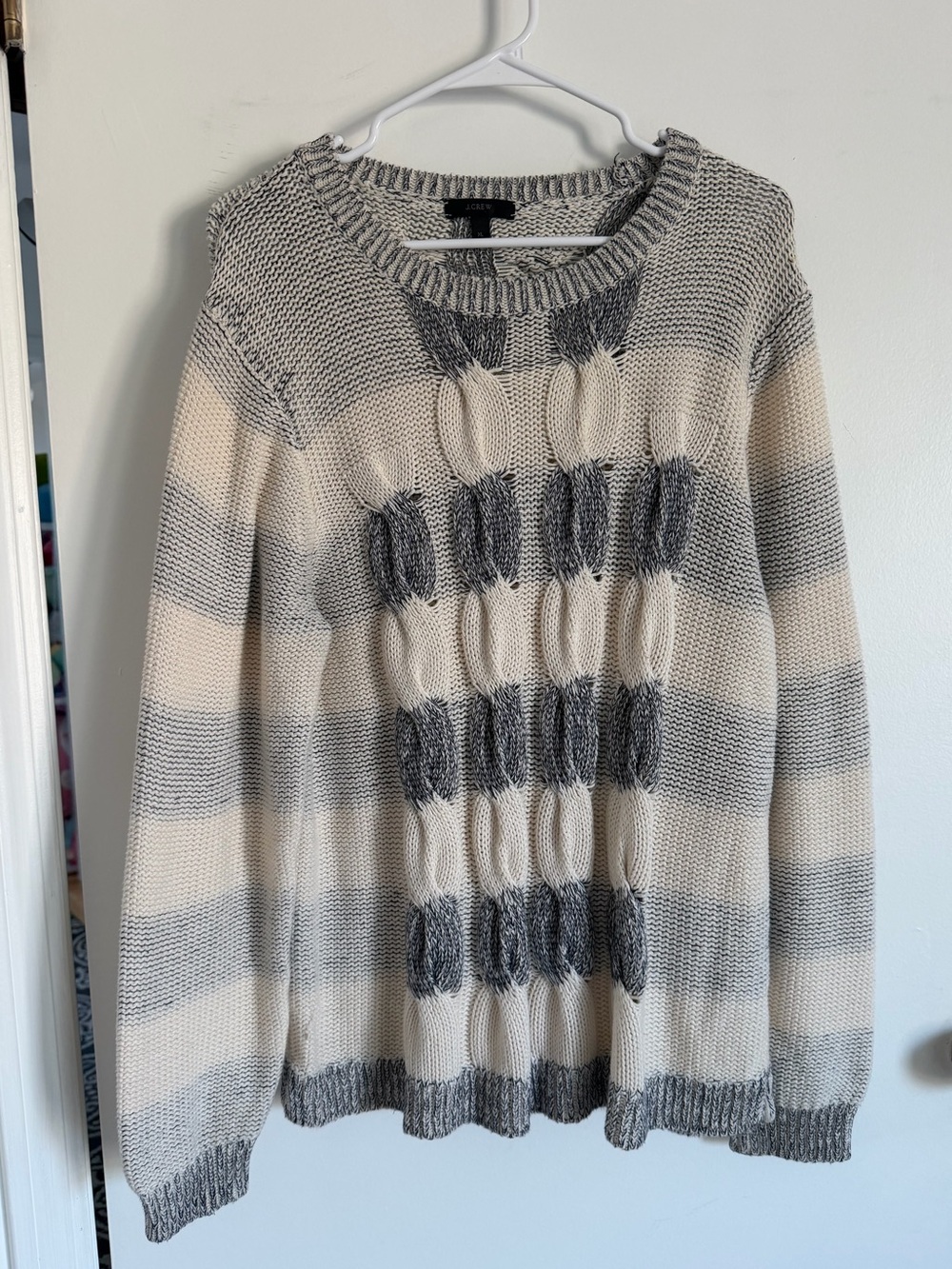 J.Crew XL Cotton Chunky Cable Knit Sweater Cream Gray Oversized